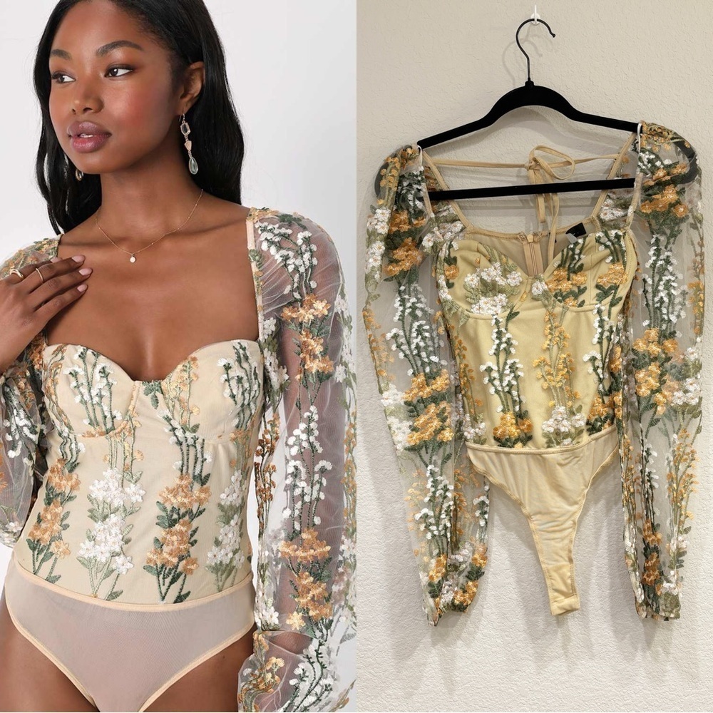 NWOT Lulus Essence of Elegance Beige Embroidered Long Sleeve Bodysuit